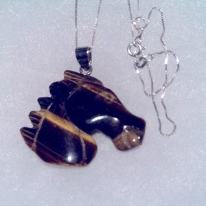 Hippie Boho Tigers Eye Crystal Horse 🐎 Silver 16” Nec…